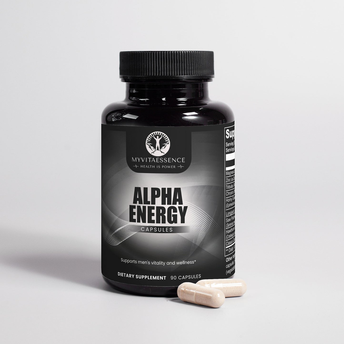 Alpha Energy premium health supplement white with pills